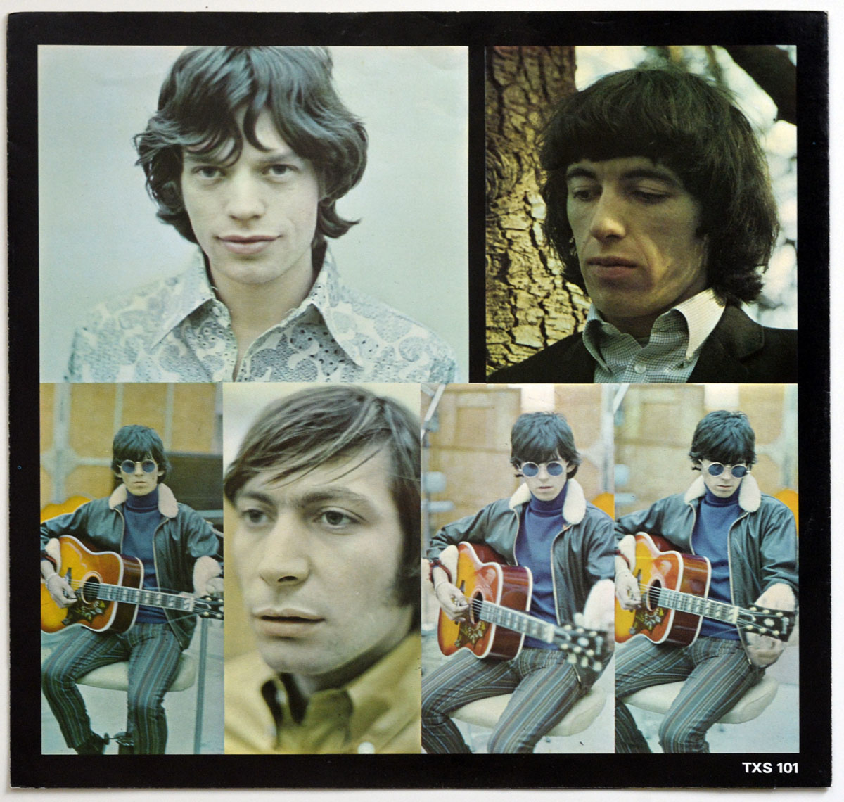 Composite image from the 1974 German edition of Rolling Stones’ Big Hits booklet, featuring six portraits of band members including Mick Jagger, Keith Richards, Charlie Watts and Bill Wyman in casual and reflective poses.